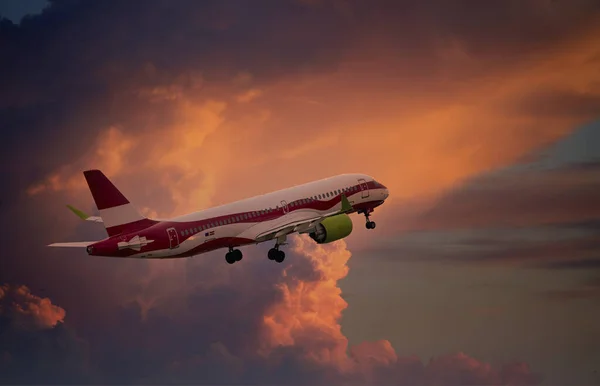 サンセット飛行機旅行。沈みゆく太陽に対する航空会社. — ストック写真