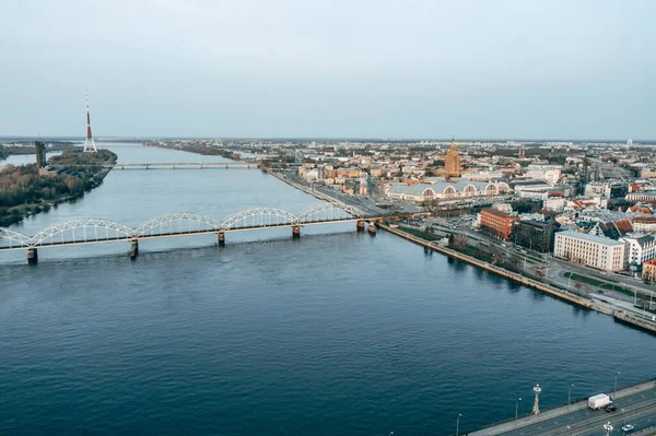 Riga Rooftop View Panorama Sunset Urban Architectures Daugava River — Stock Photo, Image