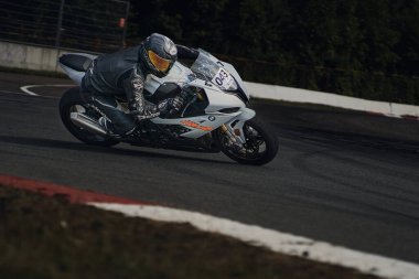 10-05-2021 Lithuania, Kaunas MotoGP rider, Motorcyclist rides at fast sport bike.