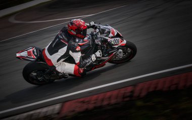 10-05-2021 Lithuania, Kaunas MotoGP rider, Motorcyclist rides at fast sport bike.