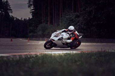 10-05-2021 Lithuania, Kaunas MotoGP rider, Motorcyclist rides at fast sport bike.
