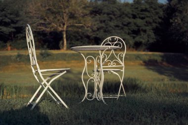 Beyaz sandalye ve masa üzerinde yeşil çim