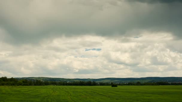 Движущиеся кучевые облака над полем . — стоковое видео