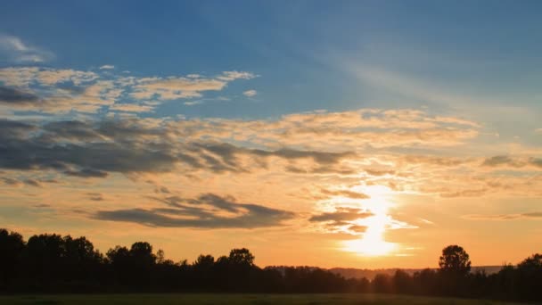 Zon over veld bij zonsondergang. — Stockvideo