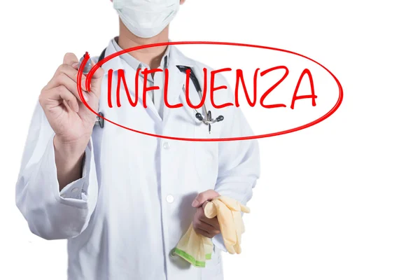 Médico usando pluma roja dibujar círculo en la gripe —  Fotos de Stock