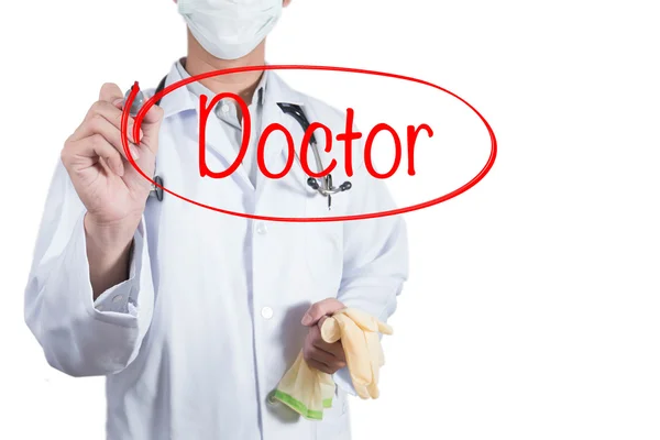 Lékař pomocí červené pero nakreslete kruh na lékaře — Stock fotografie