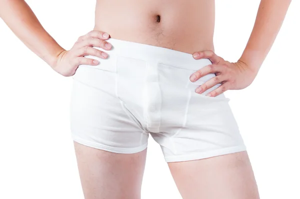 Close up of man on white boxer underware isolate on white backgr — Stock Photo, Image