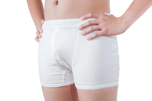 Close up of man on white boxer underware isolate on white backgr — Stock Photo, Image