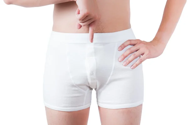 Close up of man on white boxer underware pointing at penis isola — Stock Photo, Image