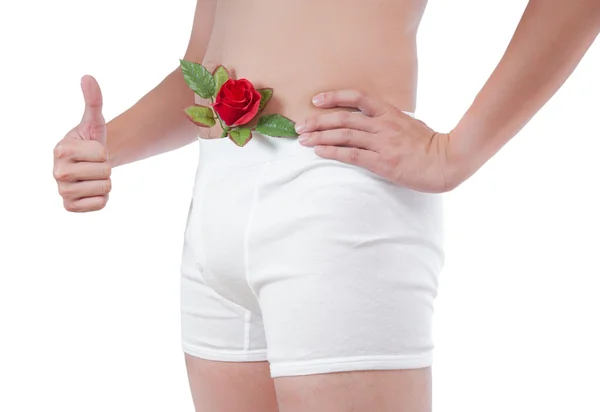 Close up of man on white boxer underware  with rose pop out isol — Stock Photo, Image