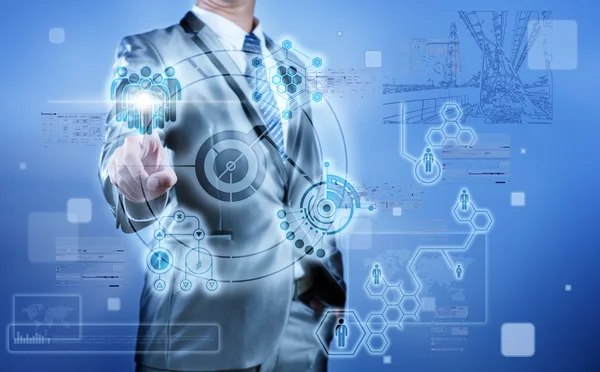 Business man in blue grey suit working on digital virtual screen — Stock Photo, Image