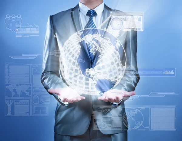 Business man in blue grey suit working on digital virtual screen — Stock Photo, Image