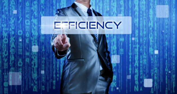 Business man with digital background pressing on button efficien — Stock Photo, Image