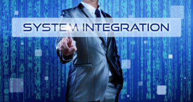 düğme sistem entegrasyonu üzerinde baskı dijital arka plan ile iş adamı