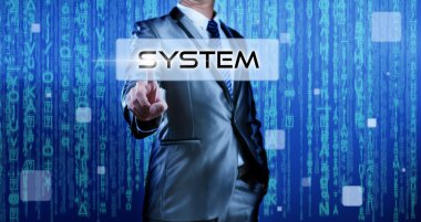 düğme sisteminde basarak dijital arka plan ile iş adamı