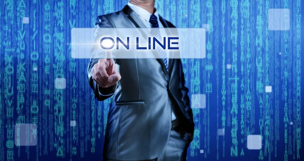 Business man with digital background pressing on button on line — Stock Photo, Image