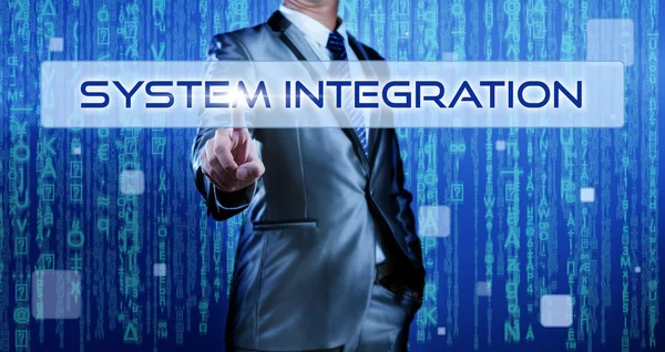 düğme sistem entegrasyonu üzerinde baskı dijital arka plan ile iş adamı