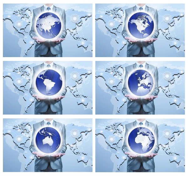 6 image of businessman holding on globe for each continent — Stock Photo, Image