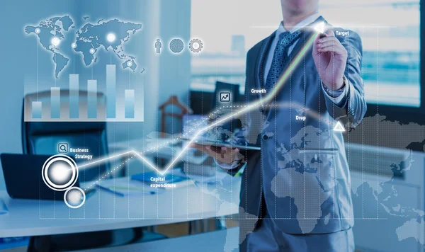 Zakenman staafdiagram bedrijfsconcept strategie bezig — Stockfoto