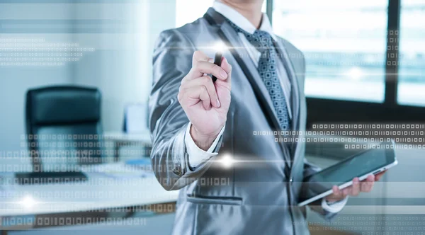 Businessman pressing on digital virtual screen — Stock Photo, Image