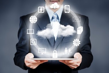 Businessman working on cloud computing business security concept clipart