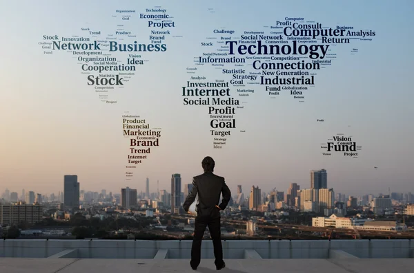 Affärsman står på taket av skyscrabber, business globaliza — Stockfoto