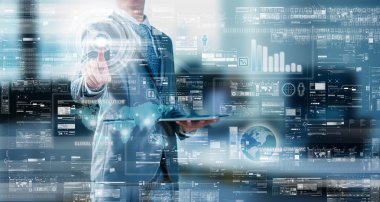 İşadamı basın dijital ekranda dijital katman efektini, busin