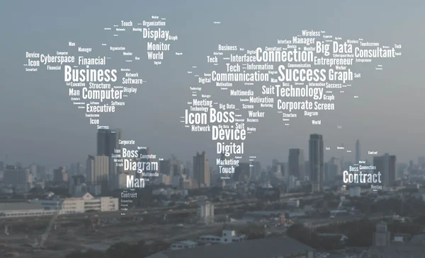 Wortwolke auf Stadthintergrund in Erdform — Stockfoto