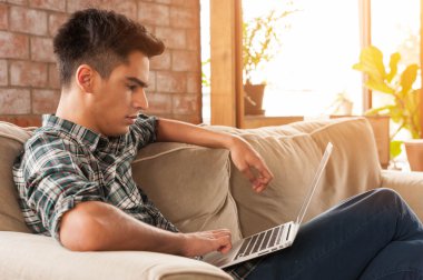 Divan kafede dizüstü kullanarak iş adamı