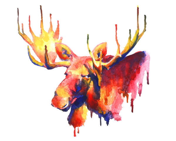 Psychedelic bright watercolor moose drawing