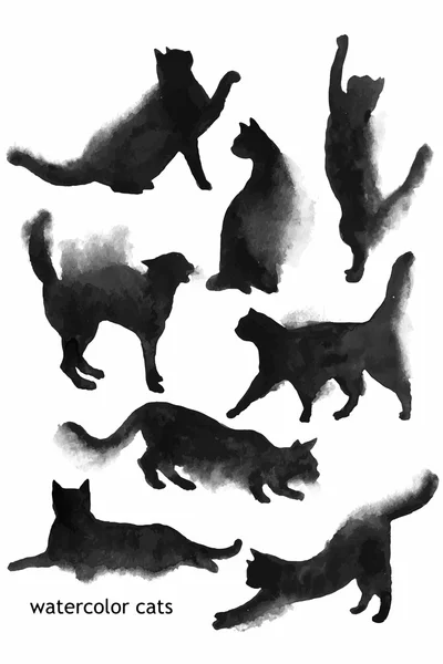 손으로 그린 수채화 검은 고양이 모양 컬렉션 — 스톡 벡터
