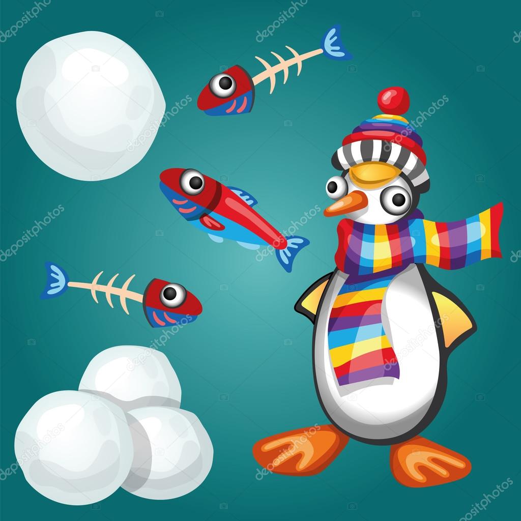 Penguin with Fishes and Snowballs (vector)