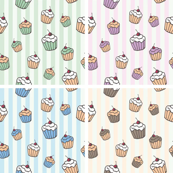 Set of Seamless Backgrounds with Cupcakes — Stock Vector