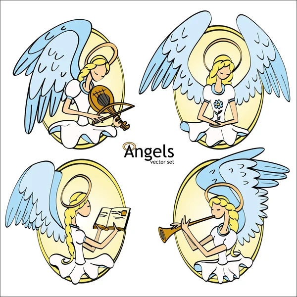 Conjunto de cuatro encantadores ángeles estilo de dibujos animados — Vector de stock