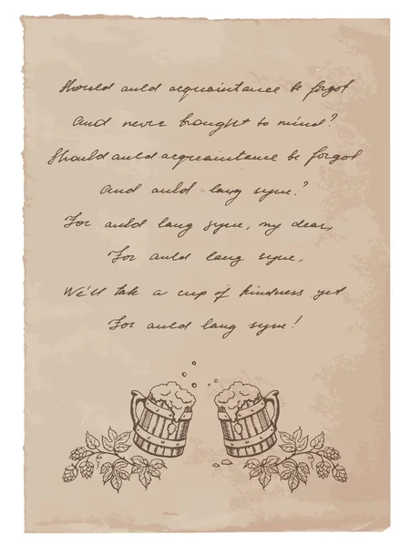 Old Paper with Hand-Written Text and Beer Mugs — Stock Vector