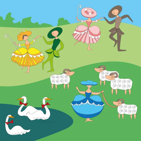 Cartoon-stijl pastorale met dansen shepherdesses — Stockvector