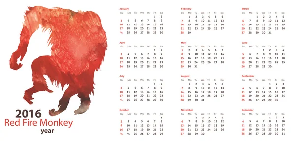 Siatki kalendarz 2016 z Red Fire Monkey akwarela kształt — Wektor stockowy