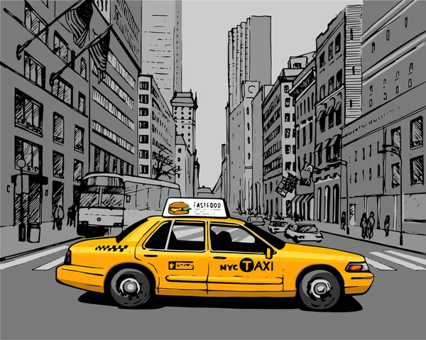 Taxi jaune dans la rue de la ville — Image vectorielle