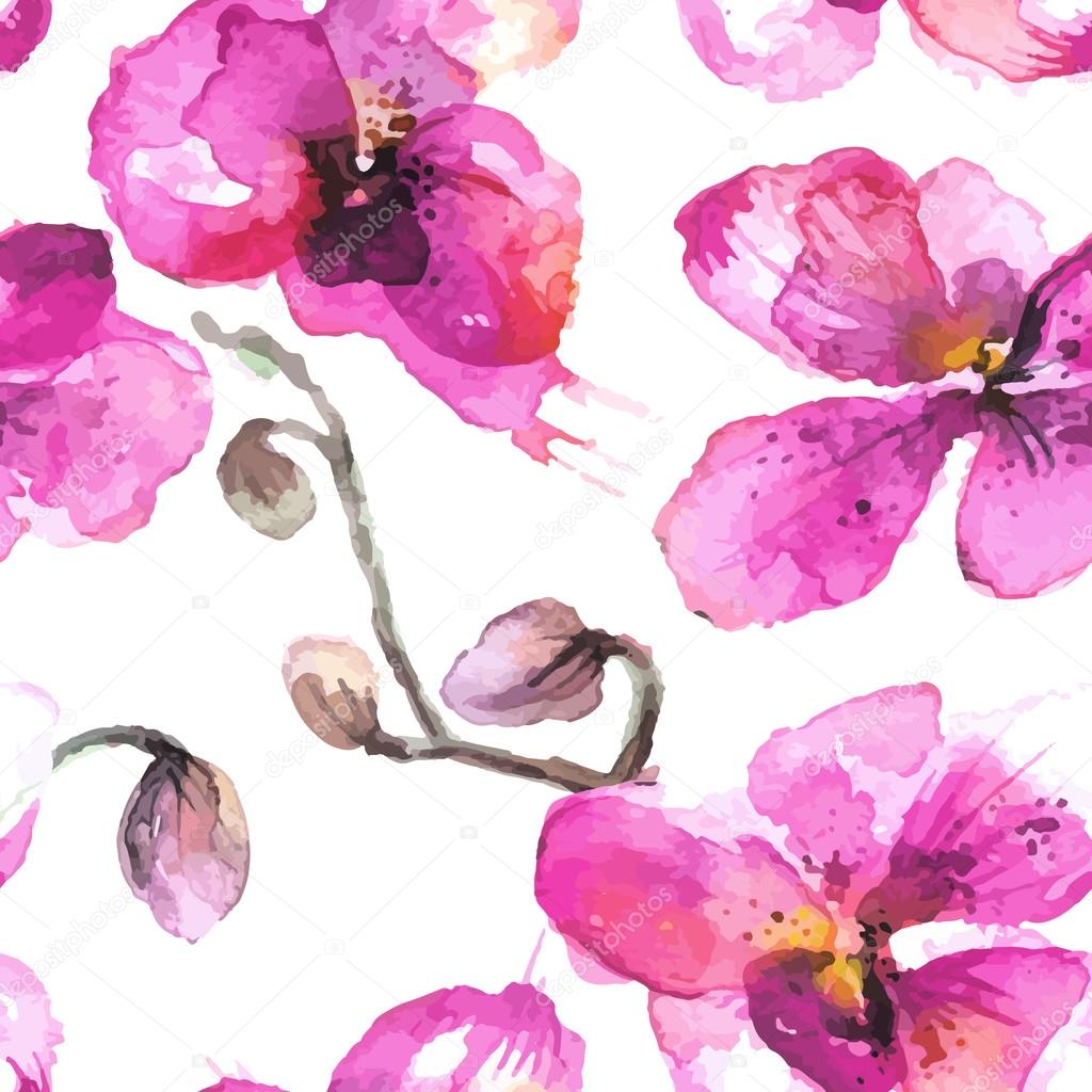 Watercolor hand-drawn orchid flowers seamless background