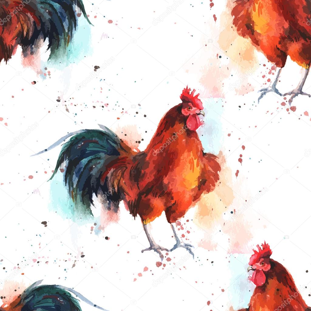 Watercolor hand-drawn bright-colored rooster vector seamless background