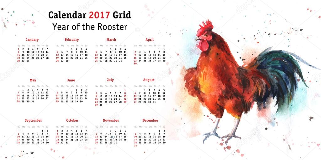 Calendar grid 2017 with hand-drawn watercolor rooster