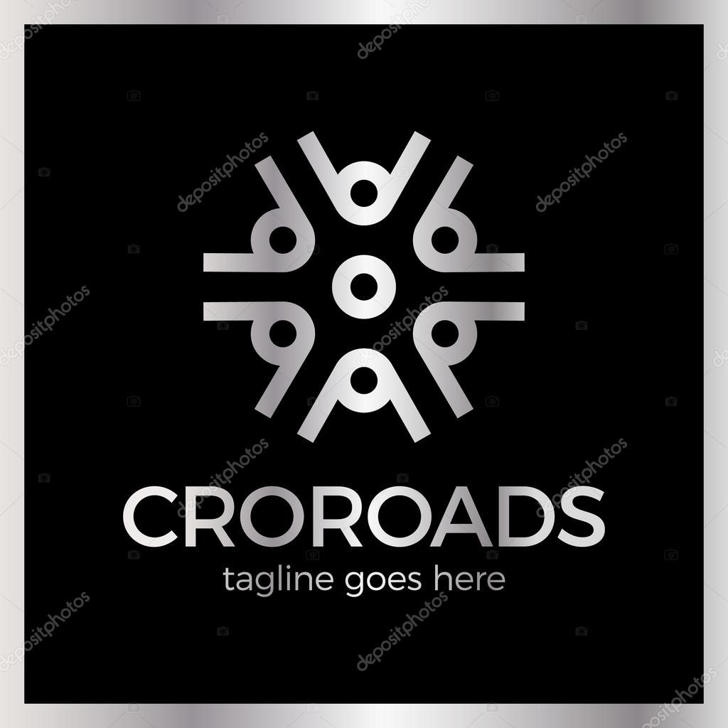 Crossroad Logo. Wheel, community, arrow. Luxury, royal metal silver