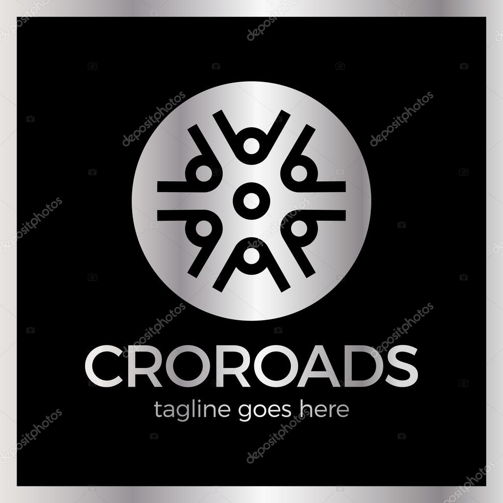 Crossroad Logo. Wheel, community, arrow. Luxury, royal metal silver