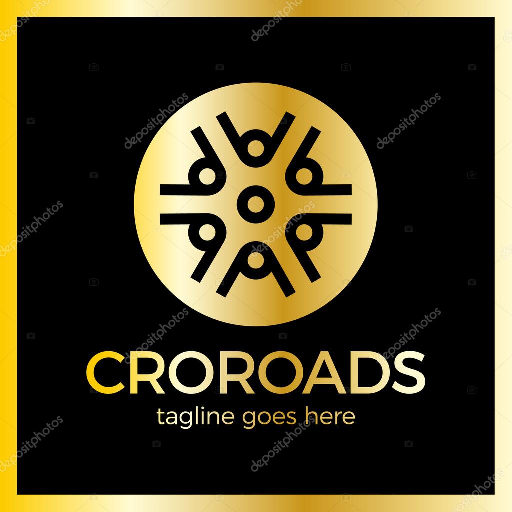 Crossroad Logo. Wheel, community, arrow. Luxury, royal metal gold