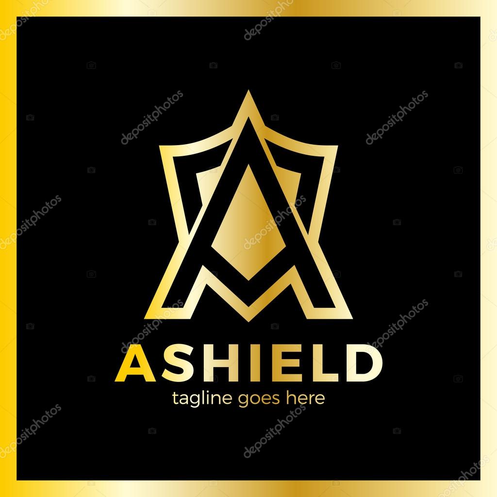 Letter A Line Shield Logotype. Luxury, royal metal gold