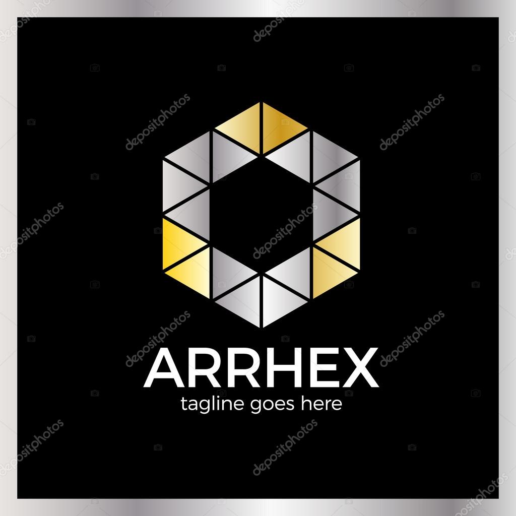 Hexagon Triangle Arrow Logo. Polygonal Logotype. Luxury, royal metal gold, silver