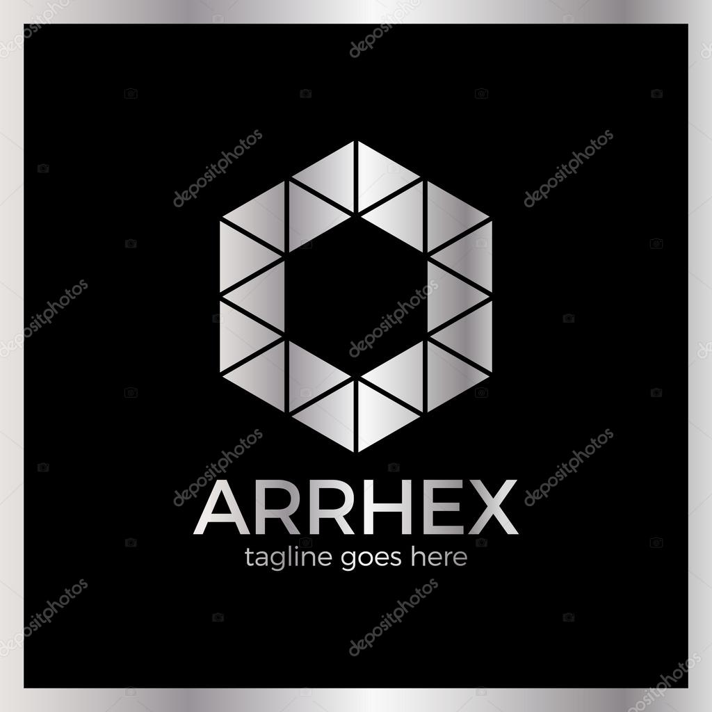 Hexagon Triangle Arrow Logo. Polygonal Logotype. Luxury, royal metal silver