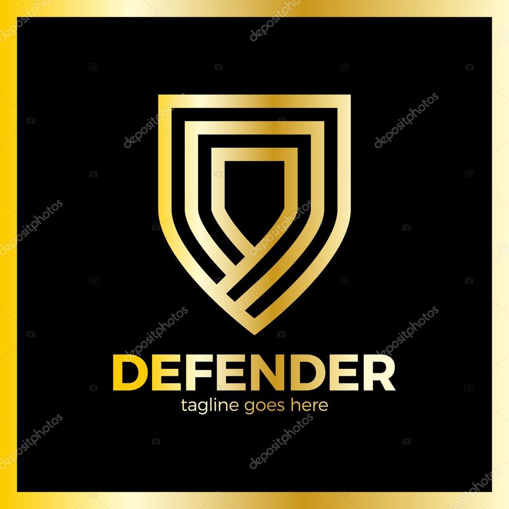 Line Shield Logotype. Three Outline Defense Logo. Luxury, royal metal gold