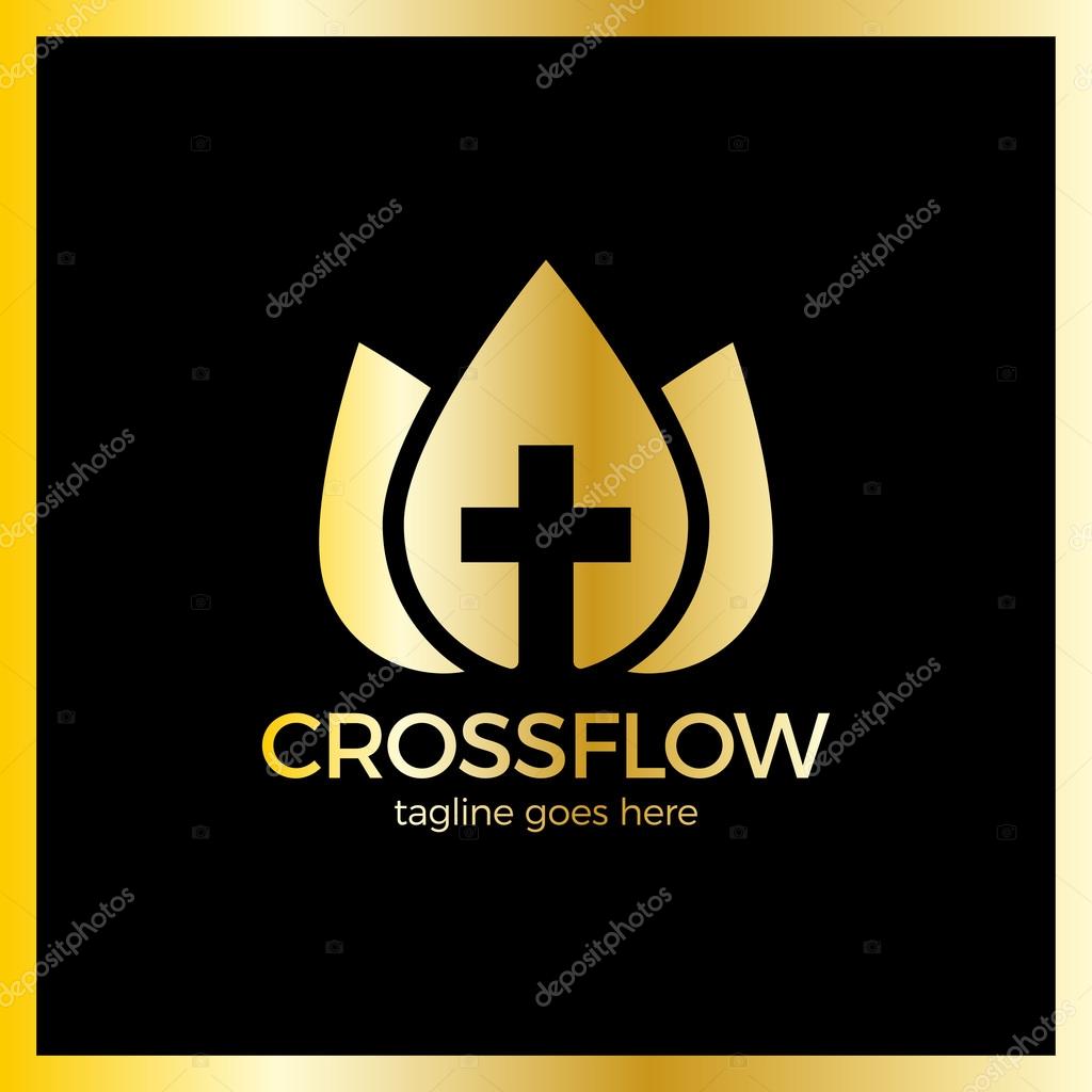 Flower Crown Cross Logo - Church Calvary. Luxury, royal metal gold