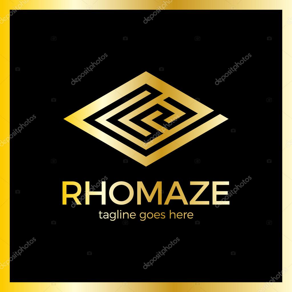 Rhomb Square Maze Logo. Labirint Logotype. Luxury, royal metal gold
